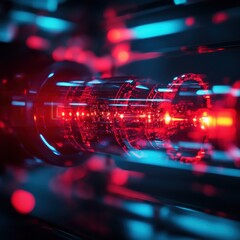 Poster - Futuristic red and blue digital technology background with glowing lights and abstract shapes, perfect for tech and innovation themes.
