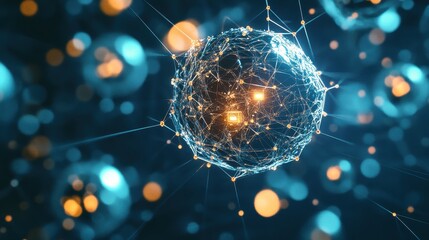 Aufkleber - Futuristic digital visualization of a complex network in a microscopic, glowing blue and orange abstract artwork.