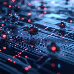 Leinwandbilder - Futuristic digital virus representation in a cyber environment with glowing red and blue light effects on a circuit board background.