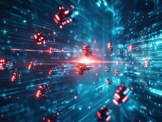 Fototapete - Futuristic digital landscape with glowing blocks and blue light trails, depicting technology and data flow in a virtual space.