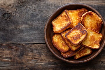 Wall Mural - Fried pancakes in a bowl on a wooden table. Top view