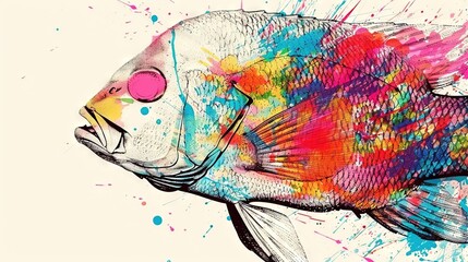 Wall Mural -   A vibrantly painted fish displays splattered colors on its body, accompanied by a rosy-hued eye in its mouth