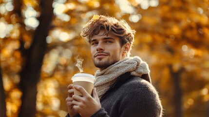 Wall Mural - Handsome male model in the fall season autumn landscape sunny day, trees and leaves background, holding hot paper glass with coffee