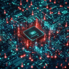 Aufkleber - Futuristic digital circuit board with glowing microchip, technology background, showcasing advanced electronics and innovation.