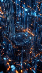 Leinwandbilder - Futuristic digital cityscape with glowing blue and orange lights, representing advanced technology, connectivity, and data flow.
