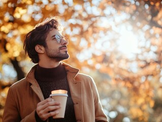 Handsome male model in the fall season autumn landscape sunny day, trees and leaves background, holding hot paper glass with coffee