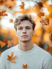 Handsome white man model portrait in the fall season autumn landscape sunny day, colorful maple leafs falling on background