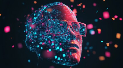 Fototapete - Futuristic AI head with glasses surrounded by digital data and colorful particles, representing artificial intelligence and technology innovation.
