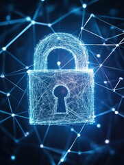 Poster - Digital padlock symbolizing cybersecurity with interconnected network lines on a dark background. Secure data protection concept.