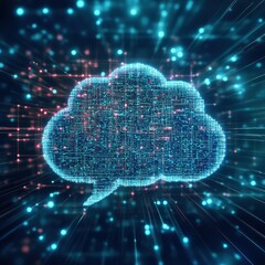 Fototapete - Digital cloud with data streams, representing cloud computing, data storage, and futuristic technology in a colorful neon design.