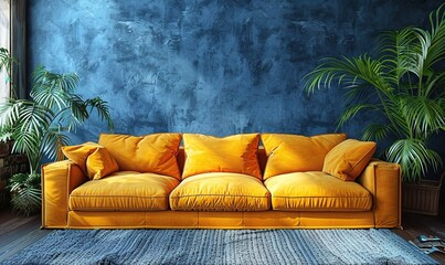 a huge living room s accent lounge blue,yellow hues dark blue wall that is empty,a bright yellow sofa with mustard undertones a mockup of a contemporary interior.