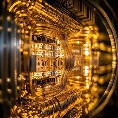 Poster - Close-up view of a complex and intricate golden circuit board, showcasing advanced technological components and design.