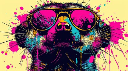 Wall Mural -   A dog wearing sunglasses with paint splatters on its face