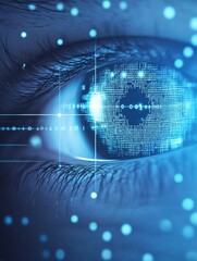 Fototapete - Close-up of a human eye with digital overlay showing high-tech data and information, representing technology, security, and innovation.