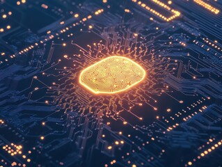 Poster - Close-up of a glowing microchip on a circuit board, representing technology advancements and digital innovation in electronics.
