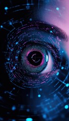 Poster - Close-up of a human eye surrounded by futuristic digital interfaces and holographic technology, representing cybersecurity and digital surveillance.
