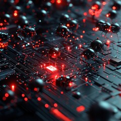 Aufkleber - Close-up of a futuristic circuit board with glowing red lights and high-tech components, representing advanced technology and innovation.