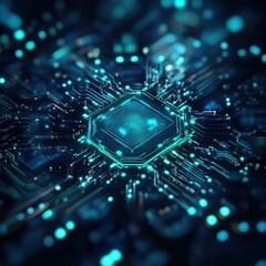 Poster - Close-up of a futuristic circuit board with glowing lights, representing advanced technology and modern computing power.