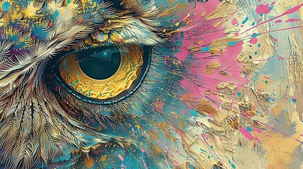   An owl's eye with splattered multicolored paint on its face