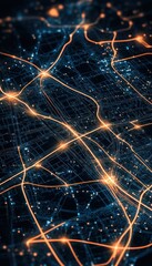 Aufkleber - Aerial view of a futuristic city night lights with illuminated pathways and a network of glowing lines creating an abstract cityscape.