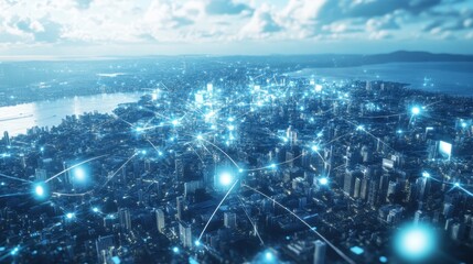 Fototapete - Aerial view of a city network with glowing connection lines, illustrating digital communication and smart city technology.