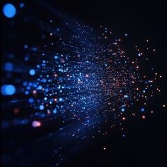 Fototapete - Abstract light trail in blue and orange against black background, representing data transmission and futuristic technology concepts.