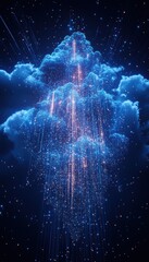 Aufkleber - A stunning visualization of digital data streams flowing from a cloud, illuminated in blue against a starry night background.