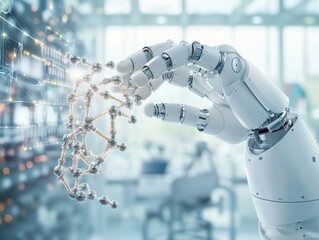 Leinwandbilder - A robotic hand interacts with a digital interface, showcasing advanced technology and artificial intelligence in a modern laboratory setting.
