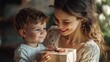 © Ilmi - Birthday surprise gift. Little boy congratulating mother with a special gift