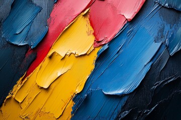 Poster - Abstract texture of vibrant paint strokes in red, yellow, and blue on a dark background