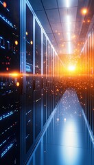 Leinwandbilder - A futuristic data center with rows of server racks illuminated by a warm light, representing advanced technology and cybersecurity.