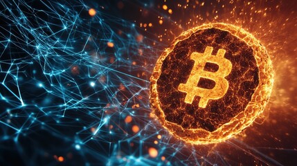 Aufkleber - A digitally ed image of a Bitcoin surrounded by a fiery aura against a blue, interconnected network background representing blockchain technology.