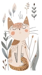 Cute cartoon cat with closed eyes in a relaxed pose surrounded by botanical elements.