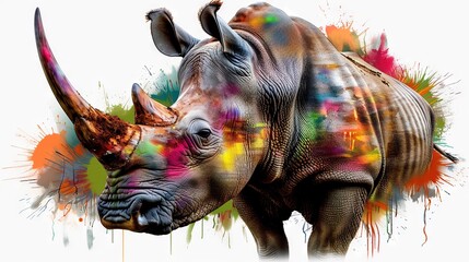 Wall Mural -   A vibrantly-colored rhino with splattered paint on its face and an imposing horn