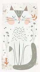 Cute cartoon cat with closed eyes sitting in a garden with floral elements.