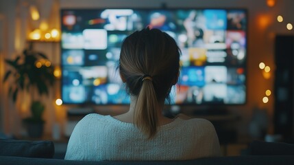 Backview Of Caucasian Woman Connecting To Animated Stream of Content. Browsing Multimedia all-in-one Entertainment, Messaging, TV, Videos, Emoji, Sharing, Video Game Playing, Fintech, Online Shopping