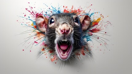 Poster -   A rat with its mouth open and painted splatters on its face