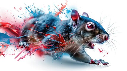 Poster -   A painting of a rat with splatters of red, white, and blue paint all over its body