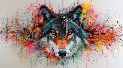 Wall Mural -   A painting of a wolf's head with splattered paint and expressive eyes