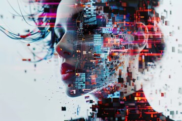 Poster - A woman's profile blends seamlessly with vibrant digital fragments, illustrating the intersection of humanity and technology