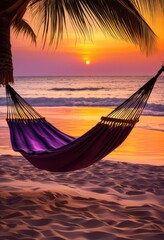 Wall Mural - vibrant sunset view tropical beach hammock surrounded lush palm trees calm ocean waves, sky, clouds, sea, sand, landscape, scenery, colorful, nature, evening