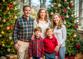 family decorating christmas tree together