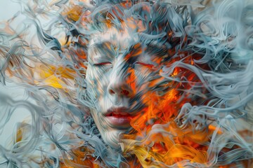 Poster - A young individual is immersed in a blend of colorful smoke and flames, creating a captivating artistic display that conveys intense emotions