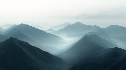 Poster - A misty mountain range with layers of ridges fading into the distance, creating a sense of mystery and depth in the landscape.