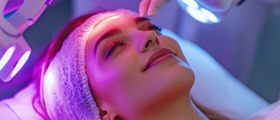 Wall Mural - arms of experienced beautician undergoing laser skin treatment of skin on female face. The young woman is lying and smiling