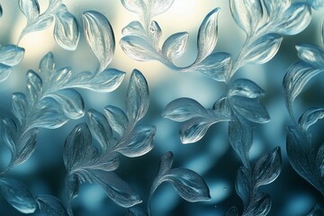 Poster - frosted glass with elegant leaf patterns creating a textured design in soft blue light