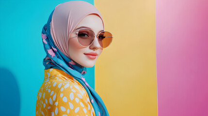 colorful and modern stylish fashion shoot of a muslim hijab woman in a dynamic