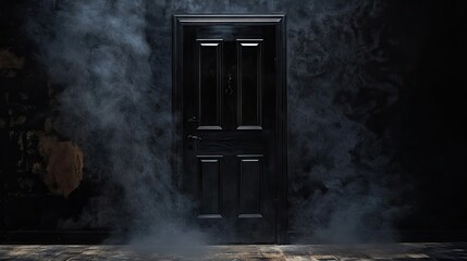 Mysterious black door with smoke effect. Horror background 