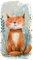 Cute orange cat sitting in a field of flowers, a whimsical illustration.