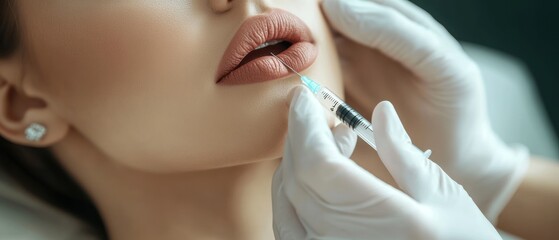 Wall Mural - Close up of hands of cosmetologist making botox injection in female lips. She is holding syringe. The young beautiful woman is receiving procedure with enjoyment